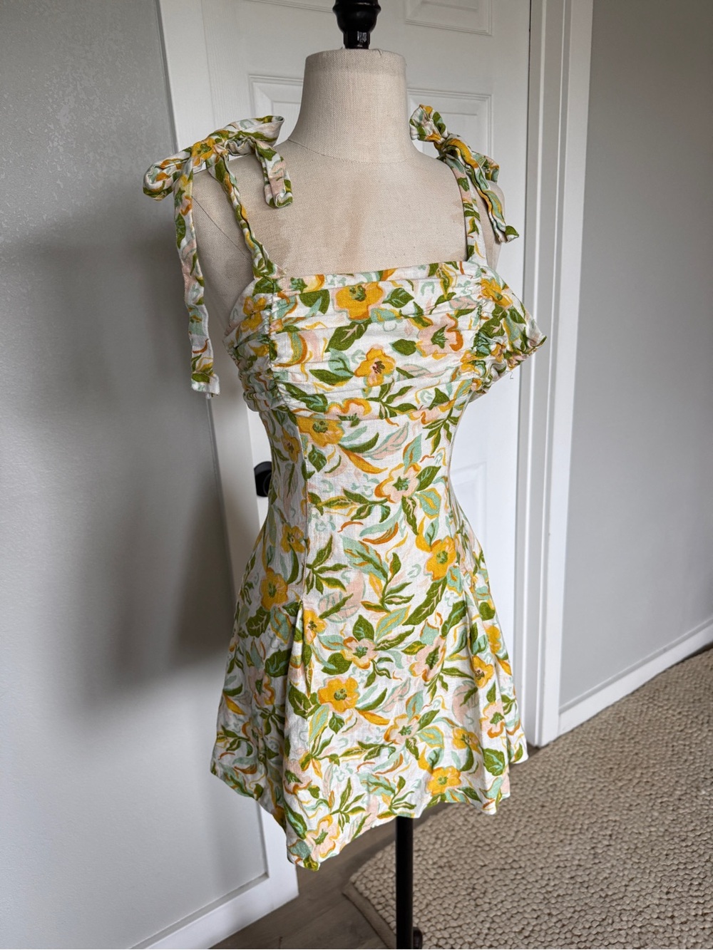 Zara Floral Tie-Shoulder A-Line Dress in Yellow and Green